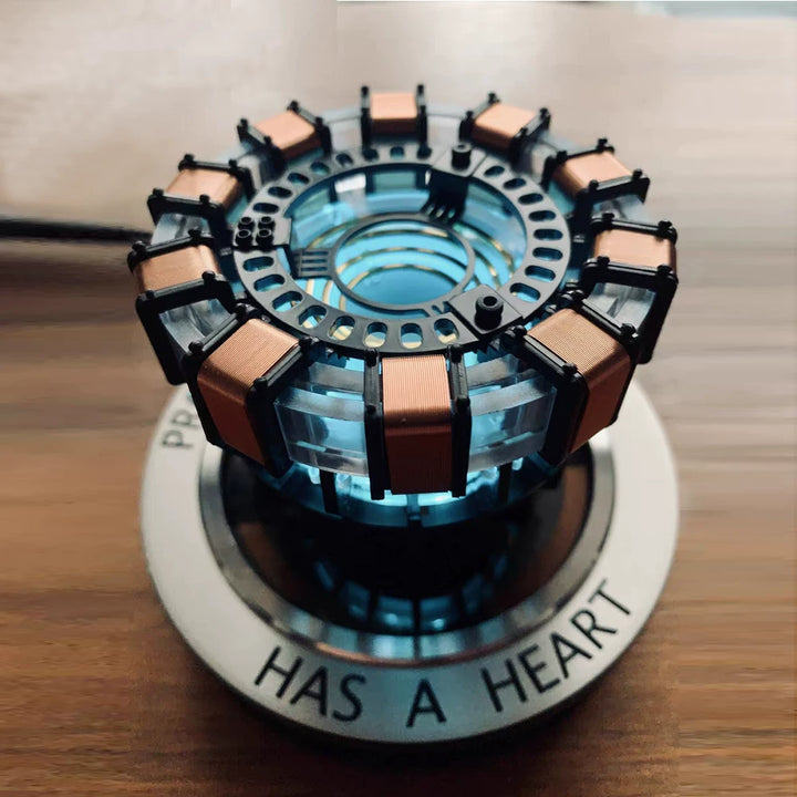 Close-up of floating Marvel Arc Reactor model for office desk setup