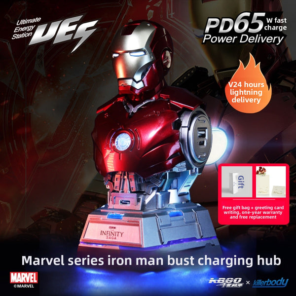Iron Man Charging Station Bust Mecha Mobile Phone Charger Figure Model Desktop Ornament for Boys' Birthday Gifts